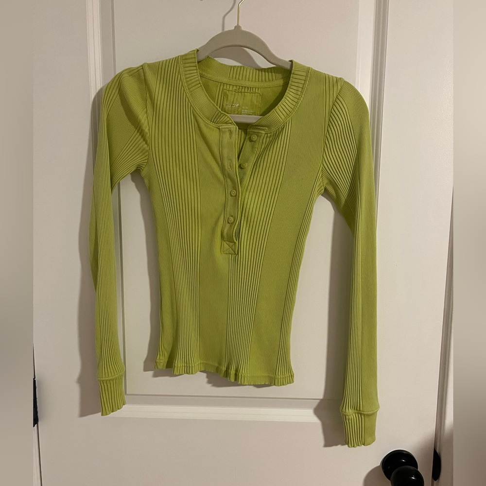 Aerie Ribbed Chartreuse Long Sleeve Top